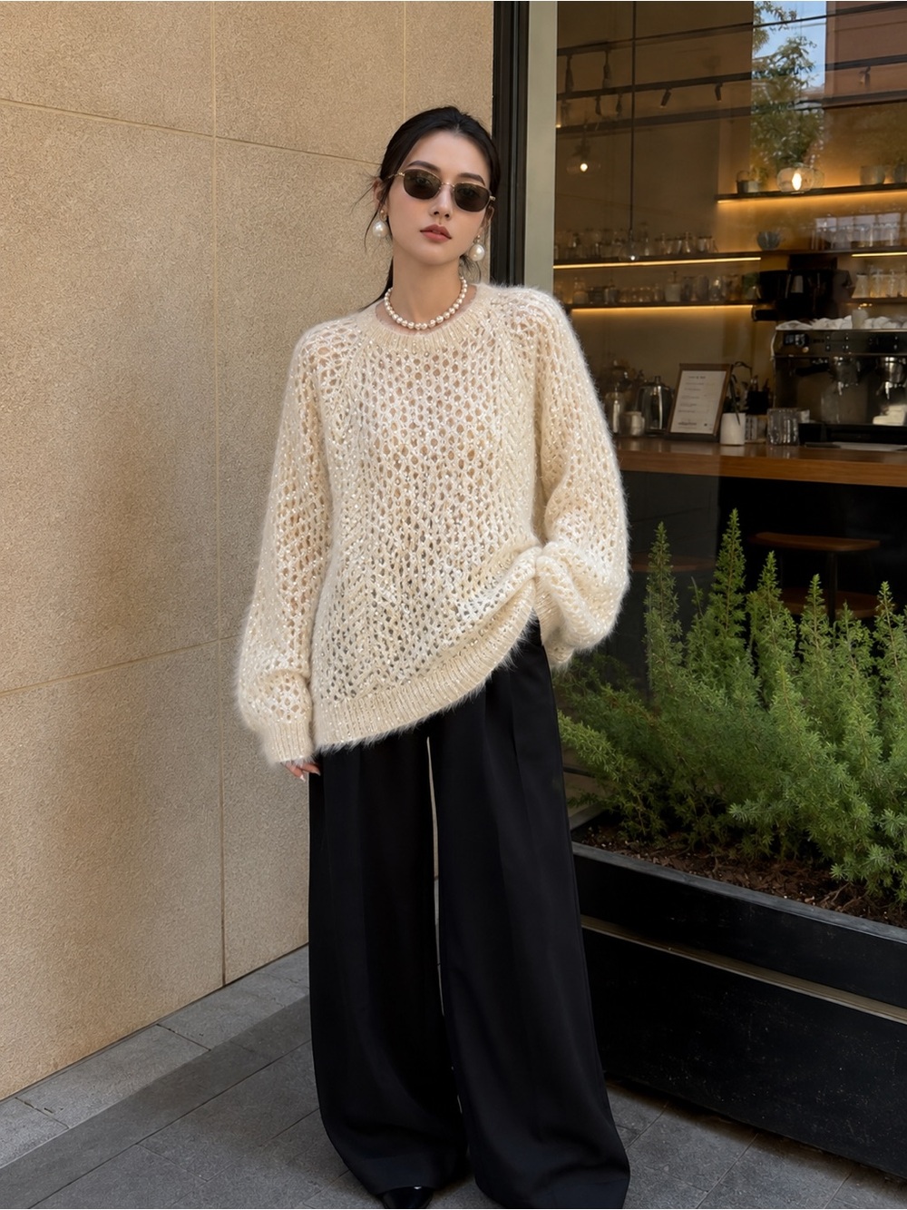 Women’s Cream Open-Knit Sequin Fuzzy Sweater – Oversized Cozy Pullover